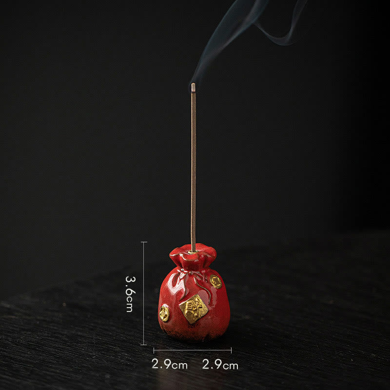 Buddha Stones Small Treasure Bowl Lucky Bag Bagua Tray Healing Ceramic Stick Incense Burner Decoration Incense Burner BS Red Lucky Bag 2.9*2.9*3.6cm