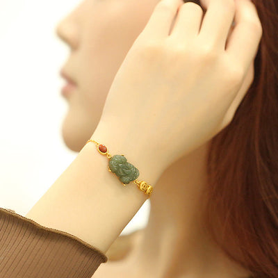 Buddha Stones Cyan Jade PiXiu Copper Coin Red Agate Success Chain Bracelet Bracelet BS 2