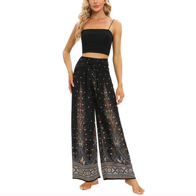 Buddha Stones Boho Peacock Feathers Lace-up Wide Leg Pants Women's Yoga Pants Women's Wide Leg Pants BS 8
