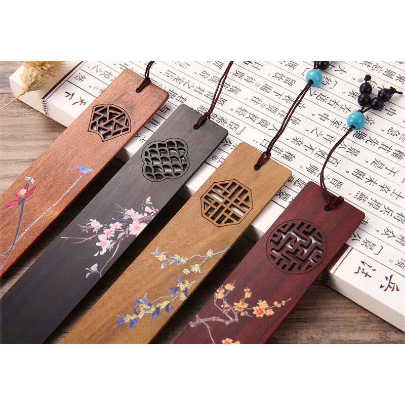 Buddha Stones 4Pcs Four Seasons Plum Orchid Bamboo Chrysanthemum Peking Opera Mask Wood Bookmarks With Gift Box Bookmarks BS 11