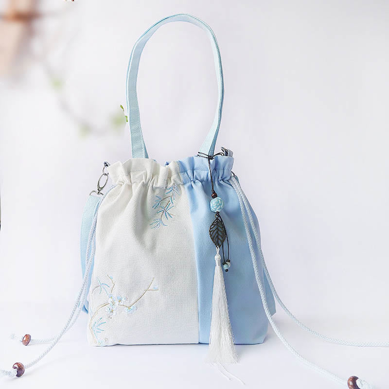 Buddha Stones Embroidered Grass Flowers Cherry Blossom Canvas Tote Crossbody Bag Shoulder Bag Handbag Crossbody Bag BS Light Blue White 28*30cm