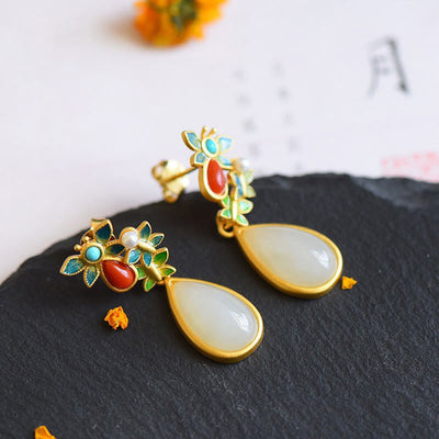 Buddha Stones Water Drop White Jade Red Agate Butterfly Protection Drop Dangle Earrings Earrings BS 2