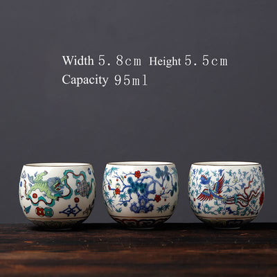 Buddha Stones Vintage Plum Blossom Pine Bamboo Phoenix Kirin Lion Dancing Ceramic Teacup Tea Cups Cup BS 14