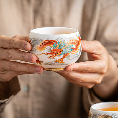 Buddha Stones Dragon Phoenix Auspicious Clouds Ceramic Teacup Kung Fu Tea Cup With Gift Box Cup BS 16