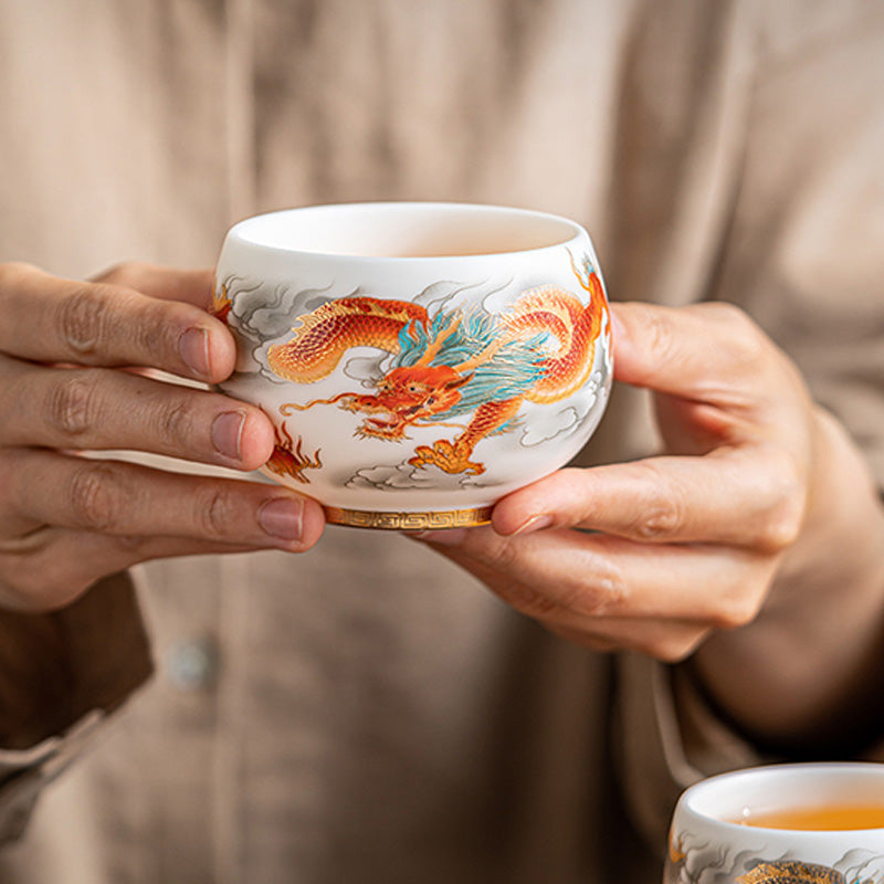 Buddha Stones Dragon Phoenix Auspicious Clouds Ceramic Teacup Kung Fu Tea Cup With Gift Box Cup BS 16