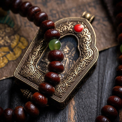 Buddha Stones Natural Tibet 108 Mala Beads Purple Bodhi Seed Hetian Cyan Jade Copper Dorje Peace Bracelet Mala Bracelet BS 5