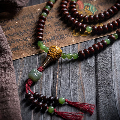 Buddha Stones Natural Tibet 108 Mala Beads Purple Bodhi Seed Hetian Cyan Jade Copper Dorje Peace Bracelet Mala Bracelet BS 7