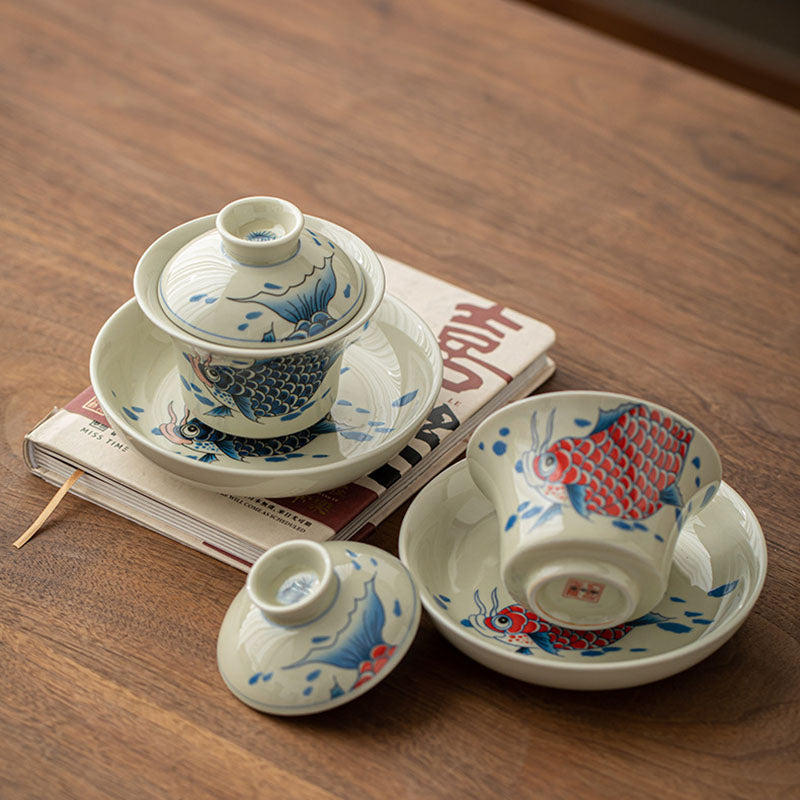 Buddha Stones Koi Fish Arowana Ceramic Gaiwan Sancai Teacup Kung Fu Tea Cup With Lid 130ml Cup BS 1