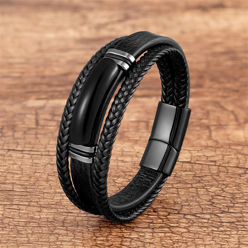 Buddha Stones Natural Stone Green Agate Power Multilayered Braided Leather Bracelet Bracelet BS Black Onyx 23cm