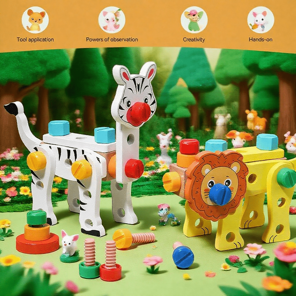 Fidtoy Smart Animal Tool Set | Jouet de construction STEM en bois pour les tout-petits de 3 ans et plus