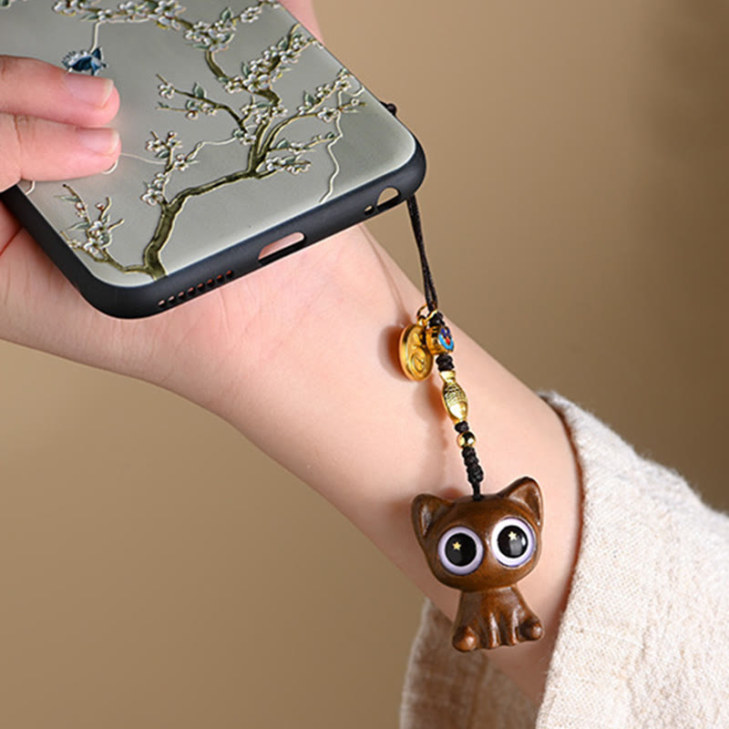 Buddha Stones Green Sandalwood Lucky Cat Koi Fish Cure Key Chain Phone Hanging Decoration Key Chain BS 5
