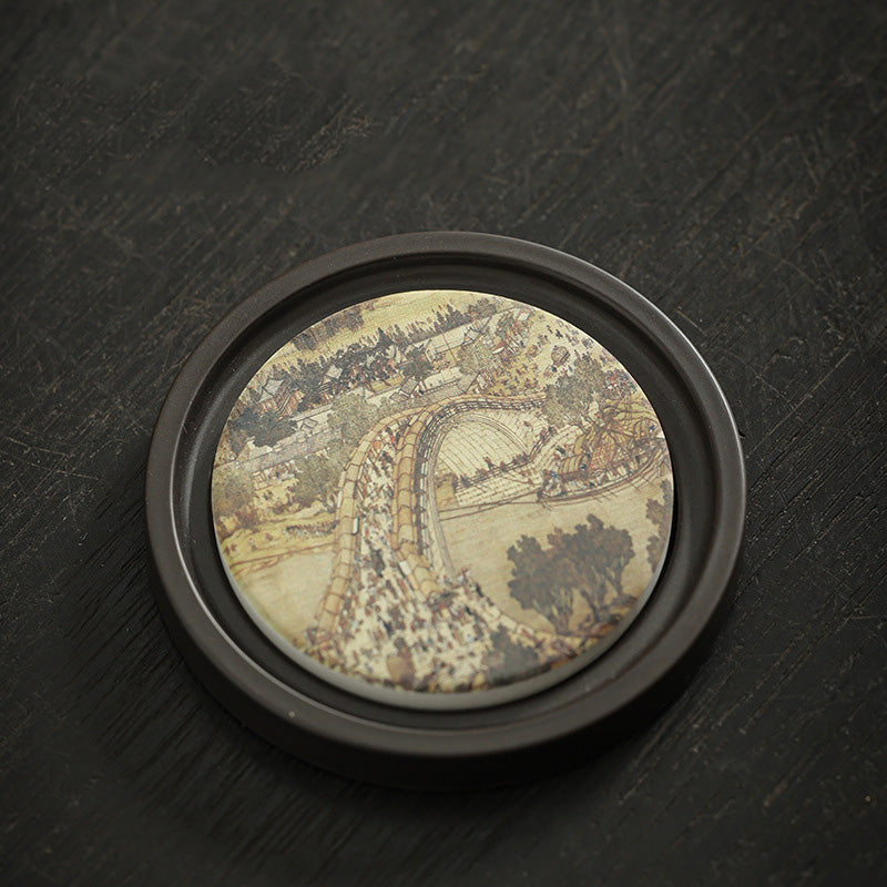Buddha Stones Plum Blossom Peach Heart Sutra Loquat Magnolia Persimmon Ceramic Cup Mat Pad Coaster Kung Fu Tea Mat Cup Mat BS Along the River During the Qingming Festival 7.9*1cm