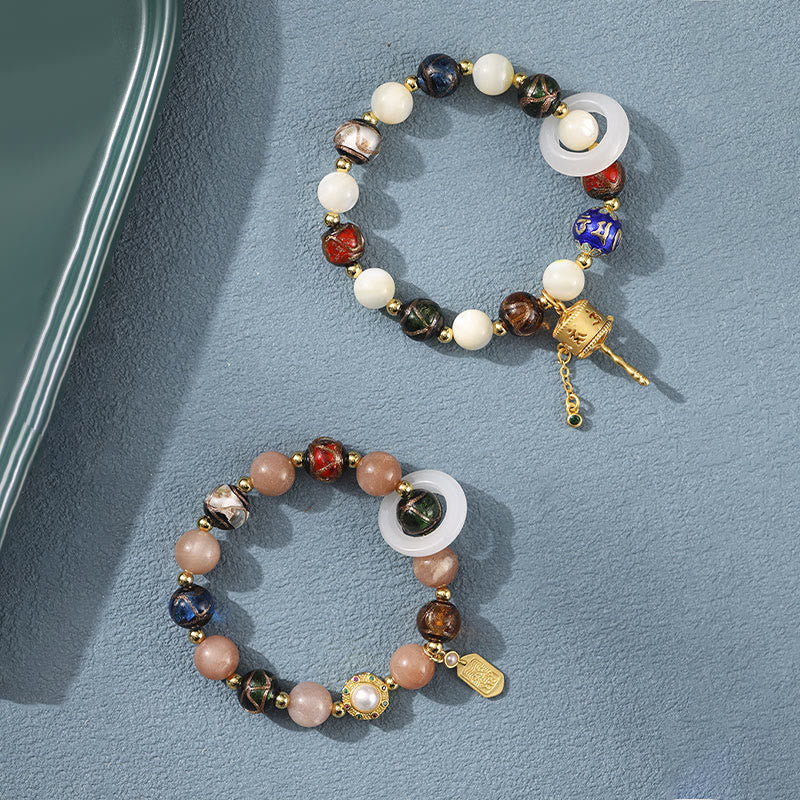 Buddha Stones Tibetan Incense Ash Liuli Glass Tridacna Stone Sun Stone Om Mani Padme Hum Prayer Wheel Charm Bracelet Bracelet BS 1