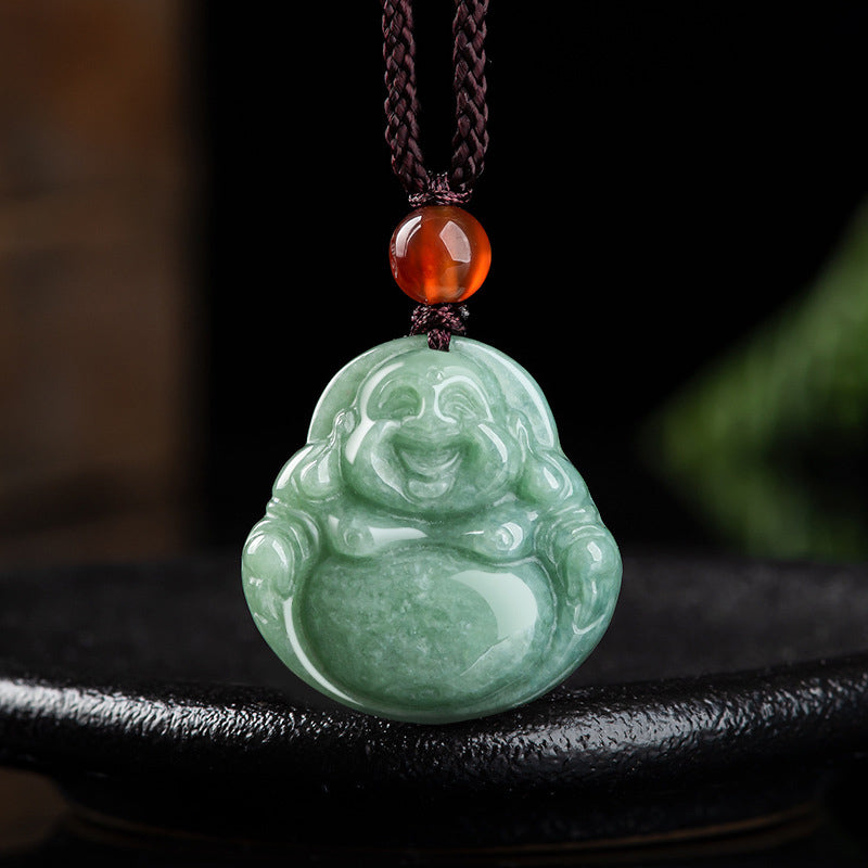 Buddha Stones Laughing Buddha Cyan Jade Success Necklace String Pendant Necklaces & Pendants BS Cyan Jade
