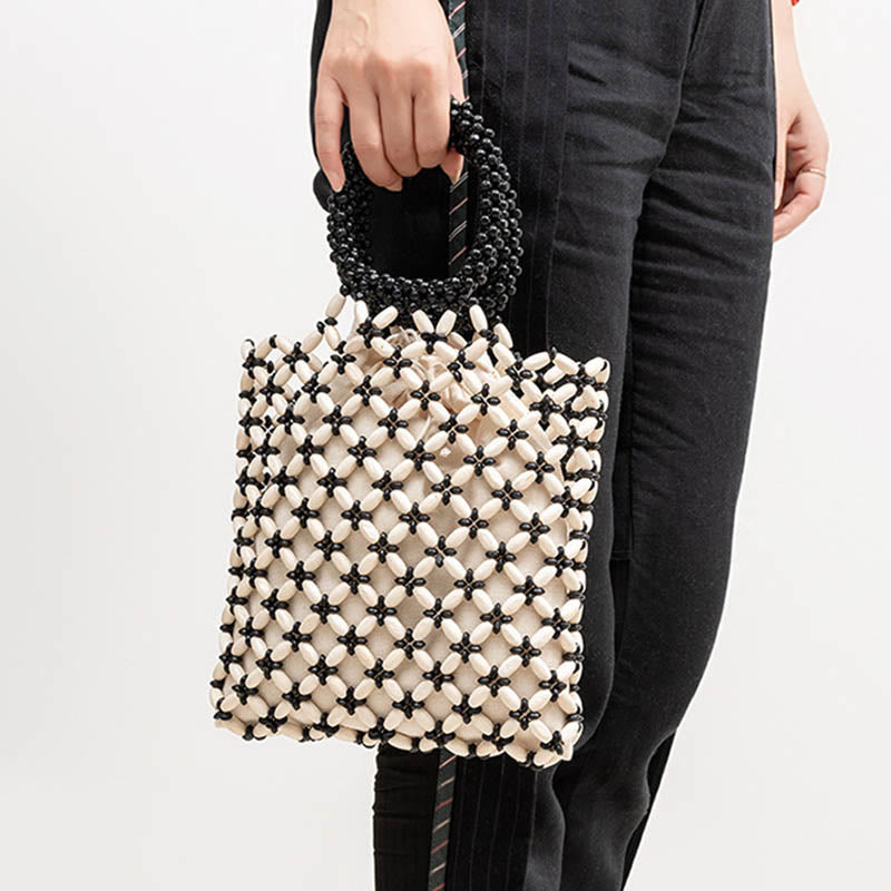 Buddha Stones Hand-woven Lozenge Wooden Beads Handbag Handbags BS 8