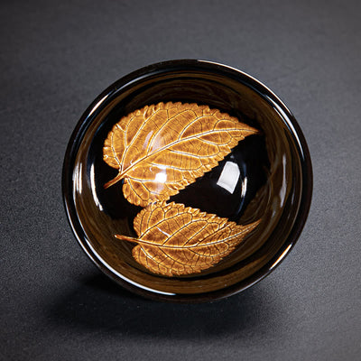 Buddha Stones Gold Maple Leaf Chinese Jianzhan Ceramic Teacup Tenmoku Kung Fu Tea Cup Bowl Jian Zhan Tea Cup BS Double Maple Leaf 9cm*4.5cm*120ml