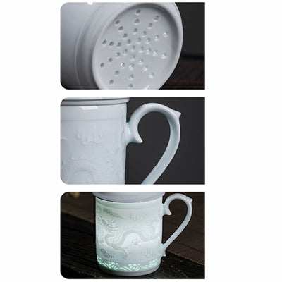 Buddha Stones Jingdezhen Linglong Porcelain Auspicious Dragon Phoenix Boat Smooth Sailing Ceramic Teacup Office Tea Cups 420ml Cup BS 5