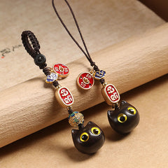 Buddha Stones Ebony Wood Lucky Cat Auspicious Cloud Peace Key Chain Phone Hanging Decoration Key Chain BS main