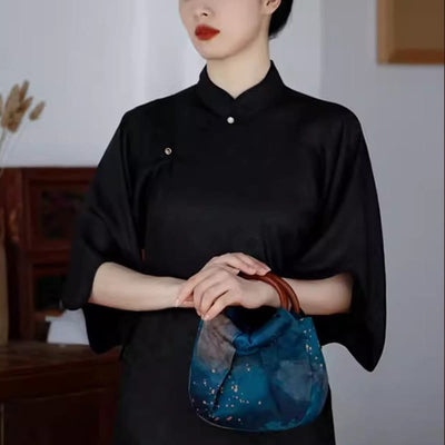 Buddha Stones Handmade Jacquard Flower Blue Wooden Handle Handbag Handbags BS 13