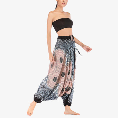 Buddha Stones Two Style Wear Round Geometric Pattern Loose Smocked Harem Trousers Jumpsuit High Waist Women's Yoga Pants Harem Pants&Bodysuit BS 30