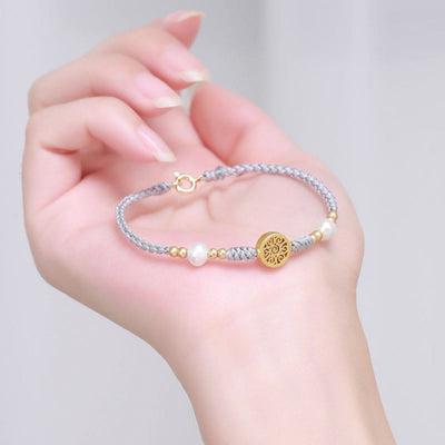 Buddha Stones Copper Coin Fortune Tree Pearl Luck Blue Rope Braided Bracelet Bracelet BS 26