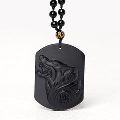 Collier pendentif loup en obsidienne noire Foviel pour la purification