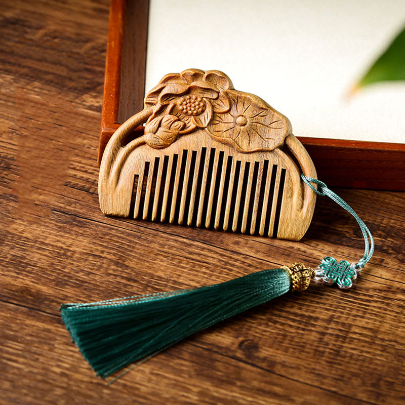 Buddha Stones Natural Green Sandalwood Lotus Flower Leaf Engraved Soothing Comb Comb BS Green Sandalwood Comb(Random Tassel Color)