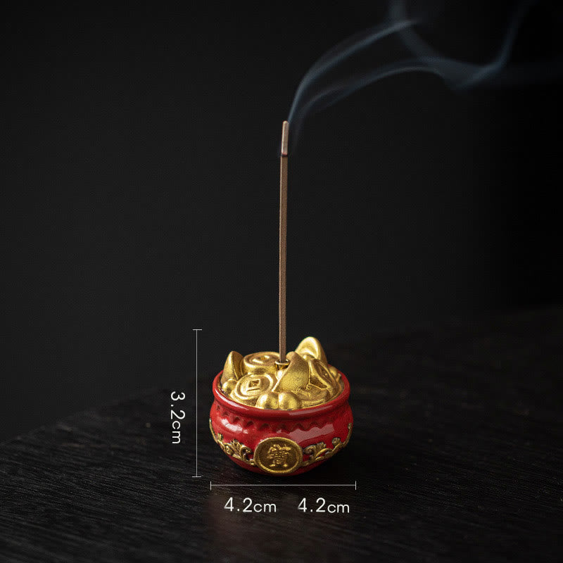 Buddha Stones Small Treasure Bowl Lucky Bag Bagua Tray Healing Ceramic Stick Incense Burner Decoration Incense Burner BS Red Treasure Bowl 4.2*4.2*3.2cm