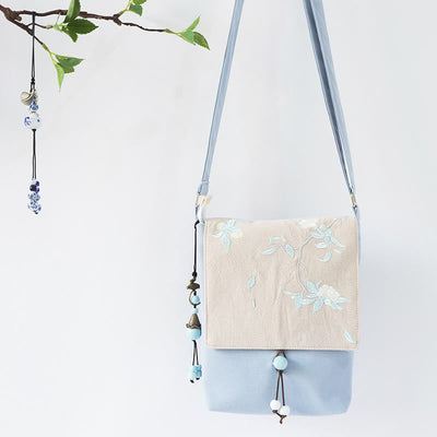 Buddha Stones Handmade Embroidered Plum Flowers Canvas Crossbody Bag Shoulder Bag Handbag Crossbody Bag BS Light Blue White Tea Flower 20*23cm