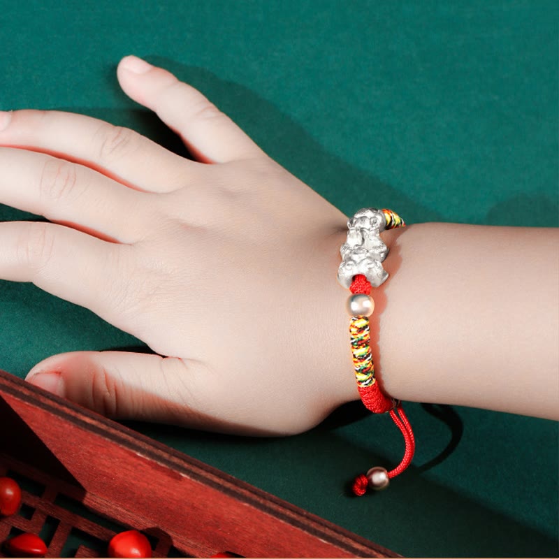 Buddha Stones 999 Sterling Silver PiXiu Wealth King Kong Knot String Braided Kids Child Bracelet Bracelet BS 11