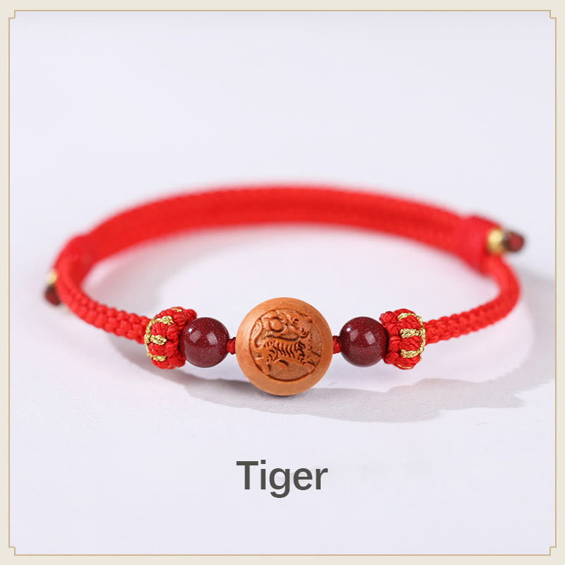 Buddha Stones Natural Peach Wood Chinese Zodiac Fu Character Carved Cinnabar Wealth Bracelet Bracelet BS Tiger-Red(Wrist Circumference 14-22cm)