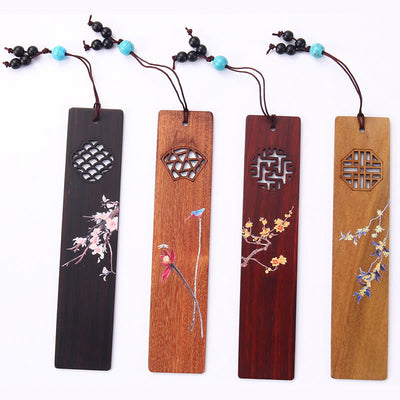 Buddha Stones 4Pcs Four Seasons Plum Orchid Bamboo Chrysanthemum Peking Opera Mask Wood Bookmarks With Gift Box Bookmarks BS 13
