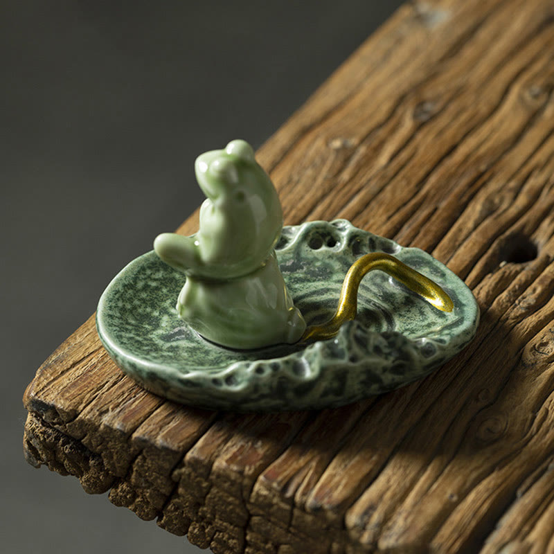 Buddha Stones Leaf Meditation Frog Pattern Healing Ceramic Incense Burner Decoration Incense Burner BS 15