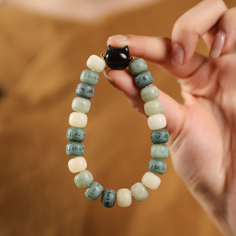 Buddha Stones Bodhi Seed Silver Sheen Obsidian Cat Head Om Mani Padme Hum Engraved Harmony Bracelet Bracelet BS Green Bodhi Seed(Wrist Circumference 14-16cm)
