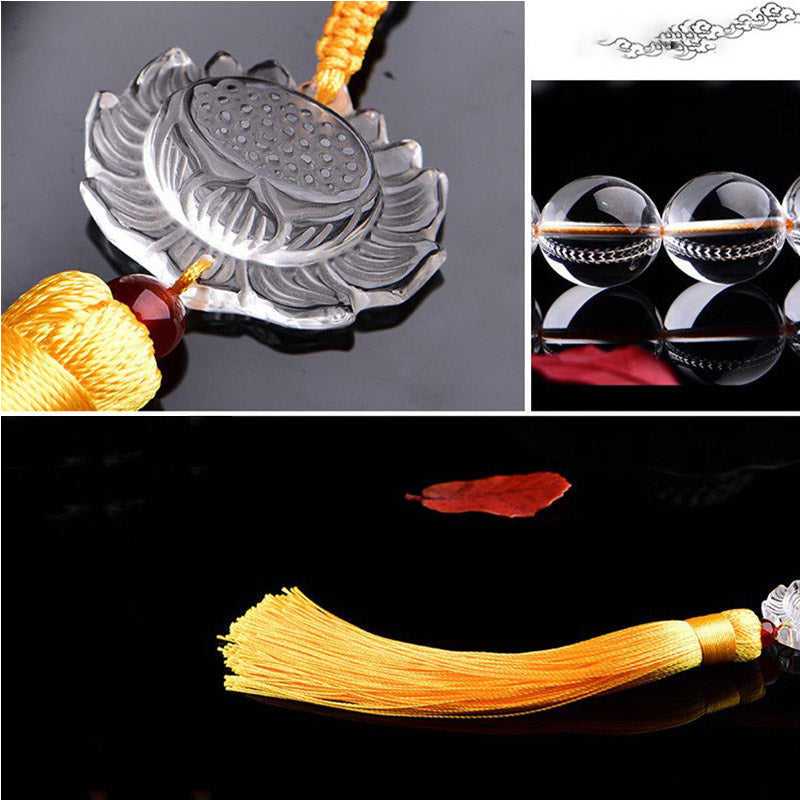 Buddha Stones Natural White Crystal Lotus Wrist Mala Meditation Tassels Pocket Mala Car Decoration Wrist Mala&Decorations BS 5