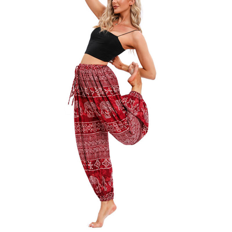 Buddha Stones Elephant Geometry Pattern Casual Loose Harem Trousers Women's Yoga Pants Women's Harem Pants BS 7
