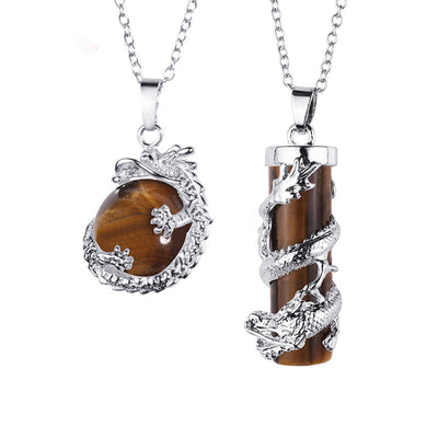 Buddha Stones 2pc Dragon Wrapped Round Ball Gemstone Couple Necklace Pendant Necklaces & Pendants BS Tiger Eye