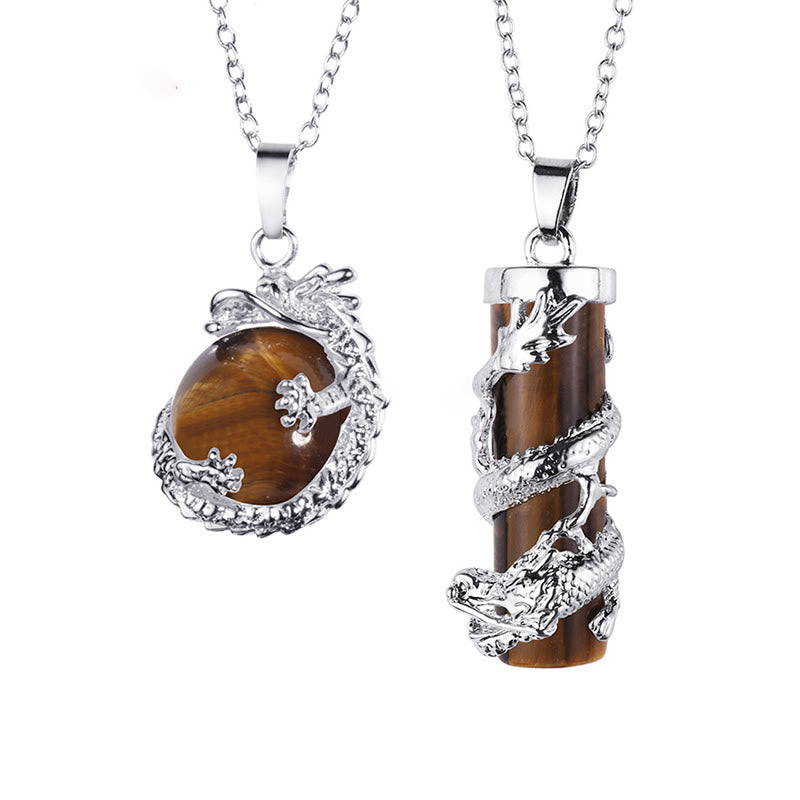 Buddha Stones 2pc Dragon Wrapped Round Ball Gemstone Couple Necklace Pendant Necklaces & Pendants BS Tiger Eye