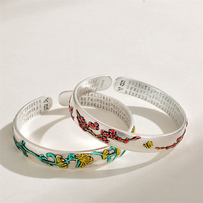 Buddha Stones Plum Blossom Chrysanthemum Flower Design Heart Sutra Healing Bracelet Cuff Bangle Bracelet Bangle BS 4