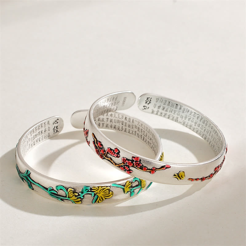 Buddha Stones Plum Blossom Chrysanthemum Flower Design Heart Sutra Healing Bracelet Cuff Bangle Bracelet Bangle BS 4