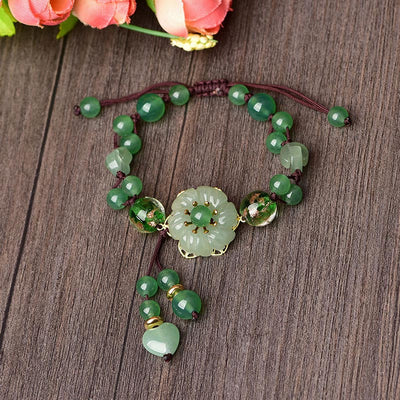 Buddha Stones Natural Green Jade Luck Dangling Flower Bracelet Bracelet BS 4