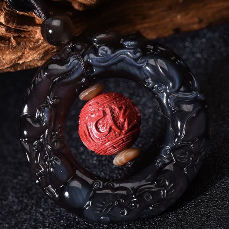 Buddha Stones FengShui Natural Rainbow Obsidian PiXiu Cinnabar Healing Necklace Pendant Necklaces & Pendants BS 5
