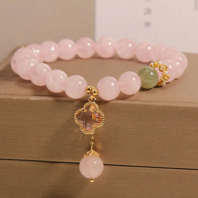 Buddha Stones Natural Pink Crystal Four Leaf Clover Soothing Bracelet Bracelet BS 1