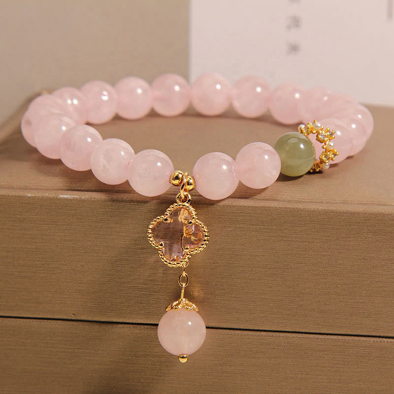 Buddha Stones Natural Pink Crystal Four Leaf Clover Soothing Bracelet Bracelet BS 1
