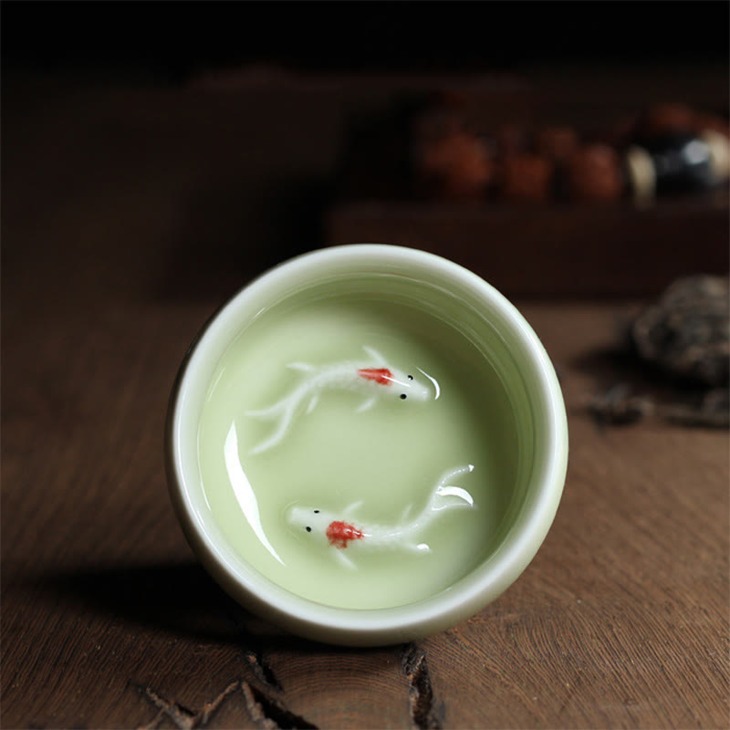Buddha Stones Colorful Koi Fish Ceramic Teacup Kung Fu Tea Cup Bowl Cup BS Yellow Koi Fish 6.8cm*3.4cm*55ml