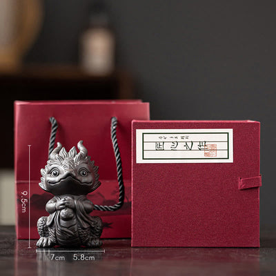 Buddha Stones Luck Dragon Wealth Tea Pet Purple Clay Figurine Decoration Decorations BS Little Dragon Girl-Black(Gift Box)
