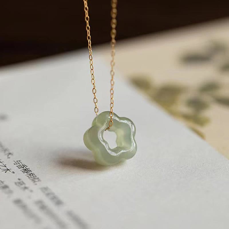 Buddha Stones Dainty Hetian Jade Cyan Jade Luck Floral Charm Necklace Pendant Necklaces & Pendants BS 8
