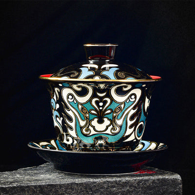 Buddha Stones Peking Opera Mask Pattern Ceramic Gaiwan Sancai Teacup Kung Fu Tea Cup And Saucer With Lid Teapot Cup BS 1