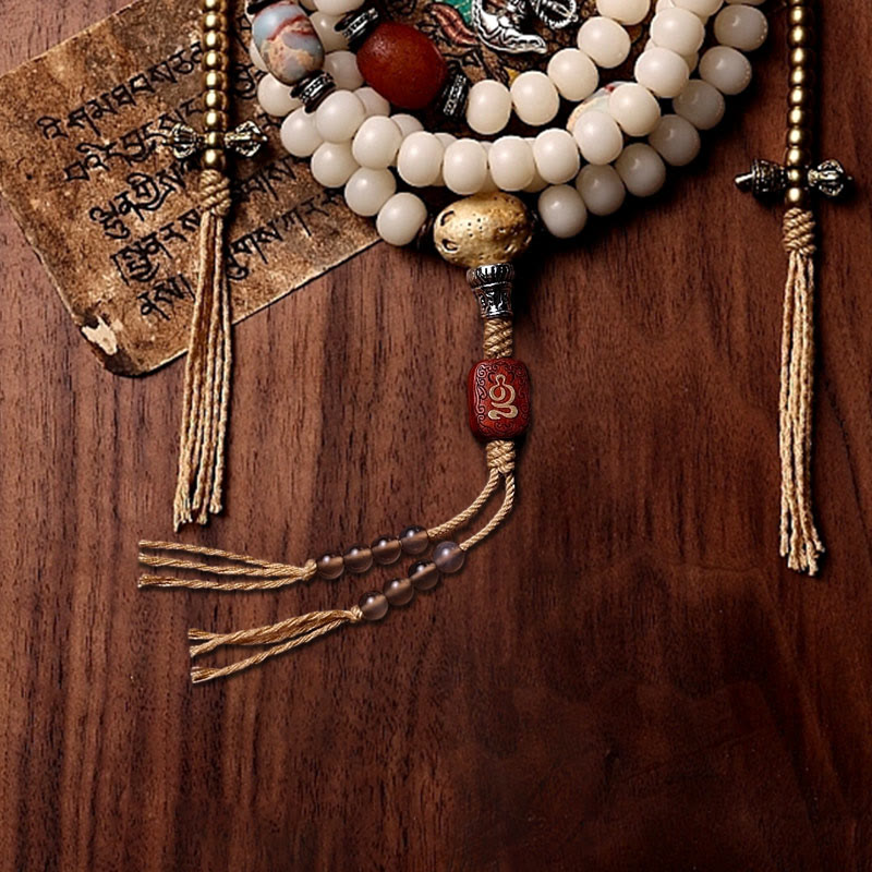 Buddha Stones Tibet 108 Mala Beads Bodhi Seed Bagua Vajra Dzi Bead Gray Agate Wealth Bracelet Mala Bracelet BS 16