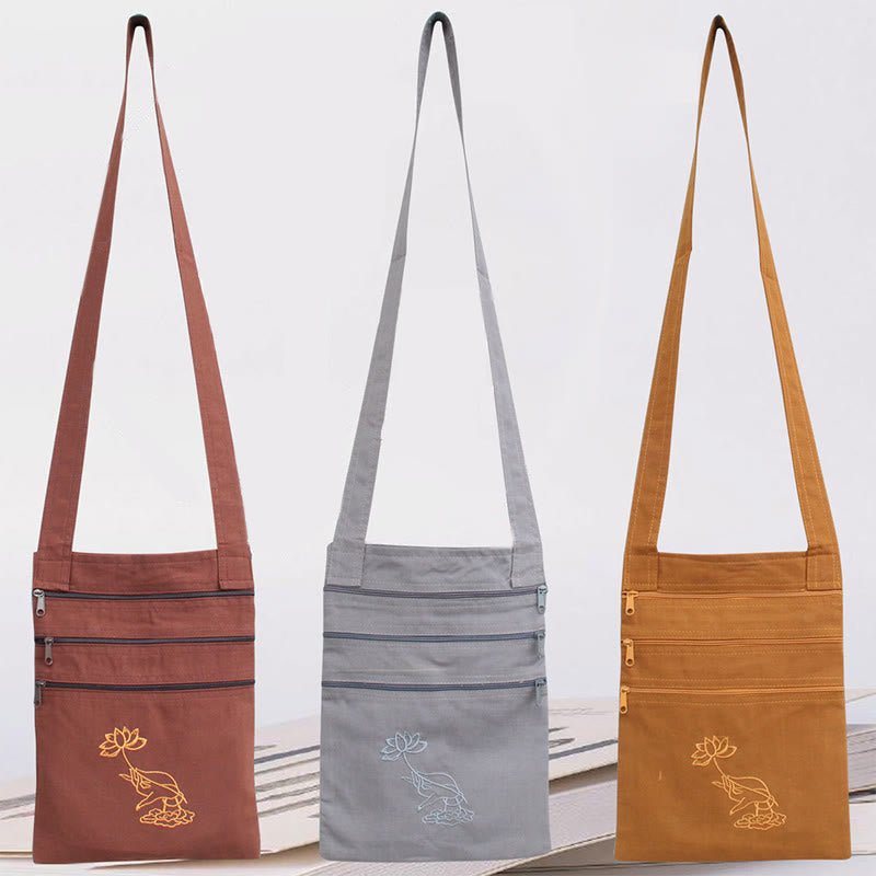 Buddha Stones Spiritual Mind Practice Lotus Embroidered Cotton Shoulder Bag Crossbody Bag - image 9